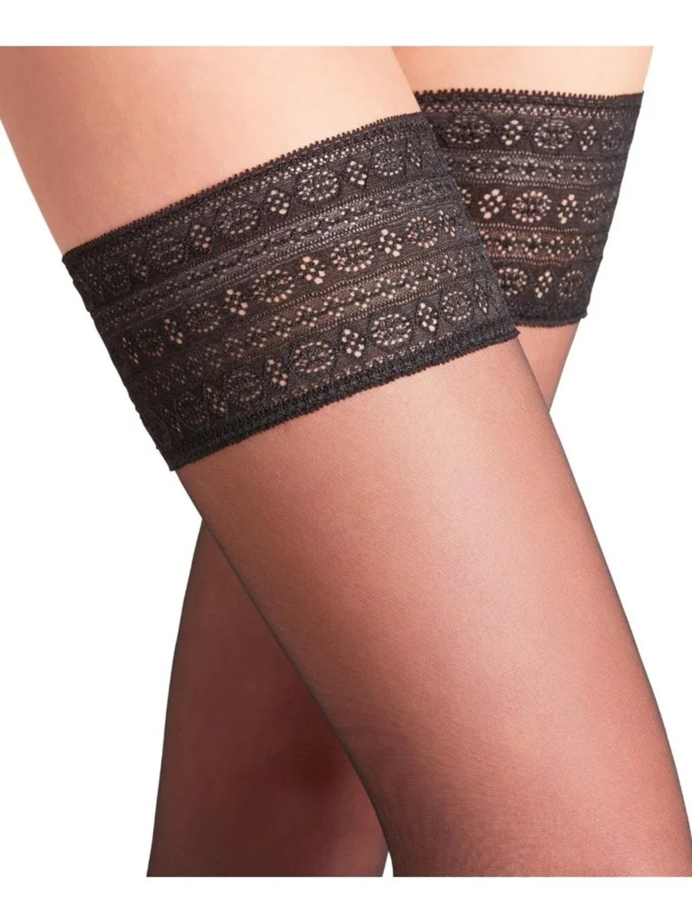 🆕FALKE Seidenglatt 15 Stay-Up Transparent Shining Stockings Black